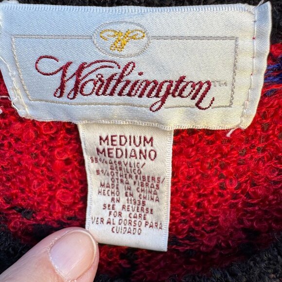 Worthington Vintage Old Money Red Plaid Button-Up Boucle Knit Cardigan Sweater M - Picture 2 of 12